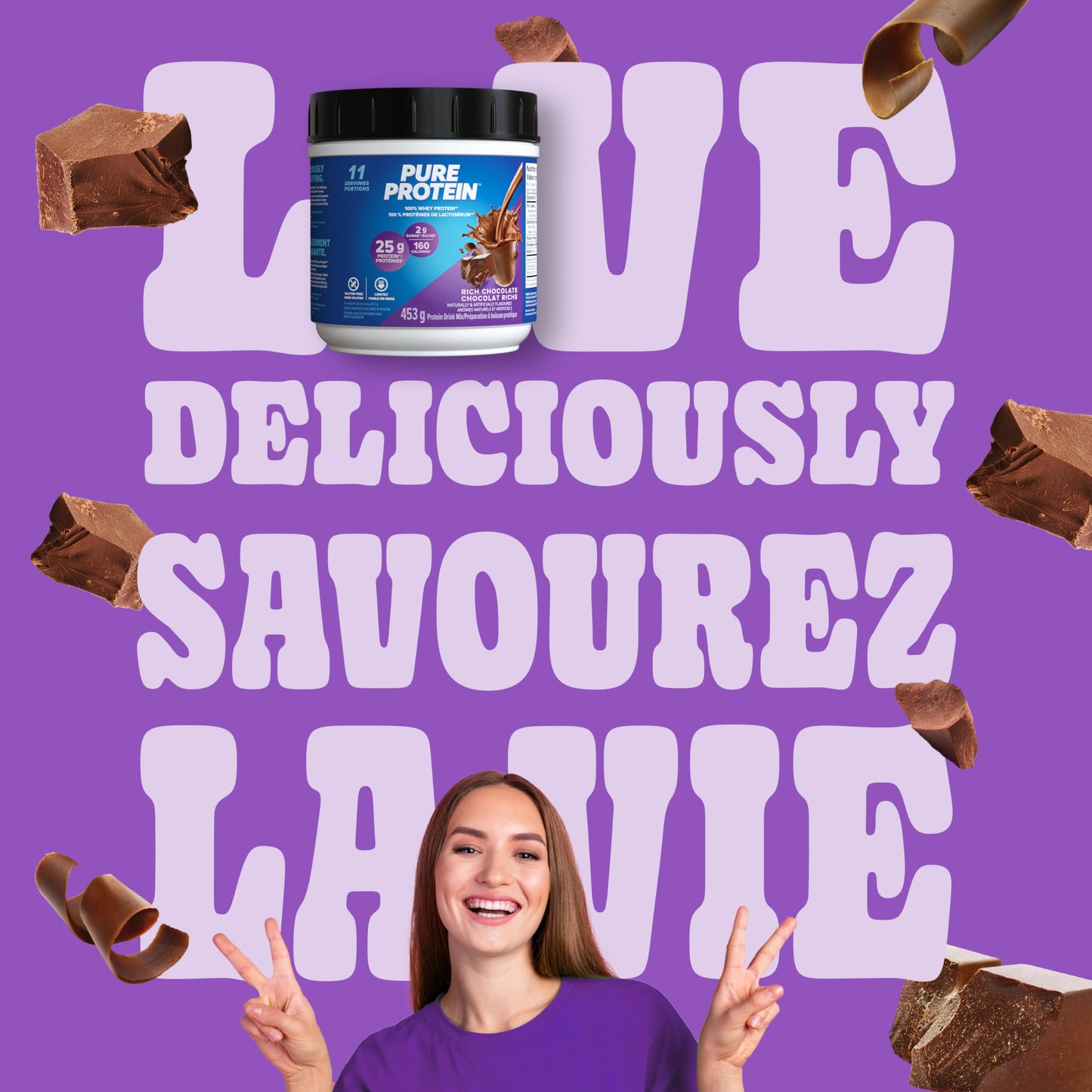 Pure Protein Whey Powder - High Protein (25 g/scoop), Low Sugar (2 g/scoop), Gluten Free - Fast-Acting Formula, Chocolate, 453g - Available at All In One Marketplace Canada