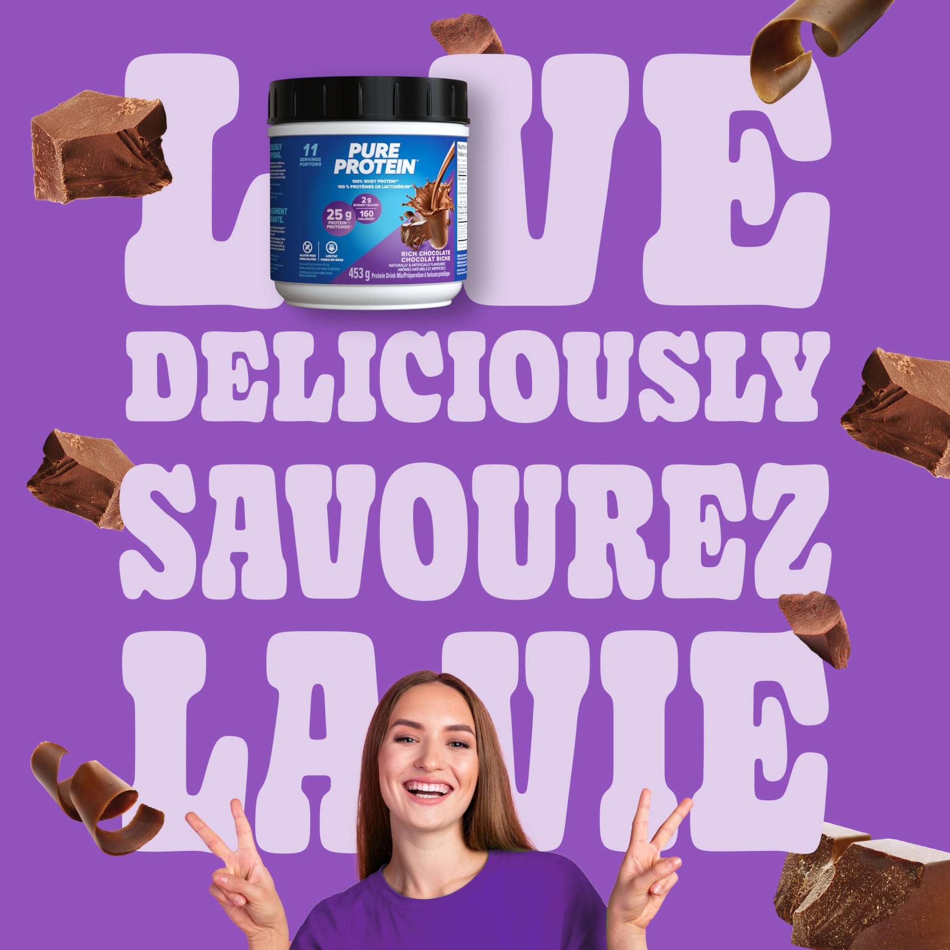 Pure Protein Whey Powder - High Protein (25 g/scoop), Low Sugar (2 g/scoop), Gluten Free - Fast-Acting Formula, Chocolate, 453g - Available at All In One Marketplace Canada