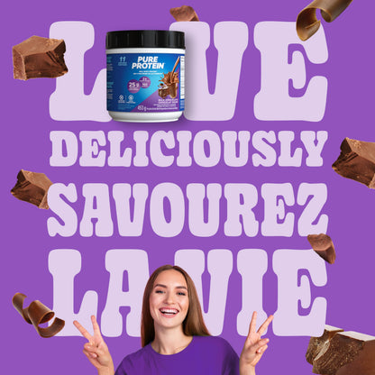 Pure Protein Whey Powder - High Protein (25 g/scoop), Low Sugar (2 g/scoop), Gluten Free - Fast-Acting Formula, Chocolate, 453g - Available at All In One Marketplace Canada