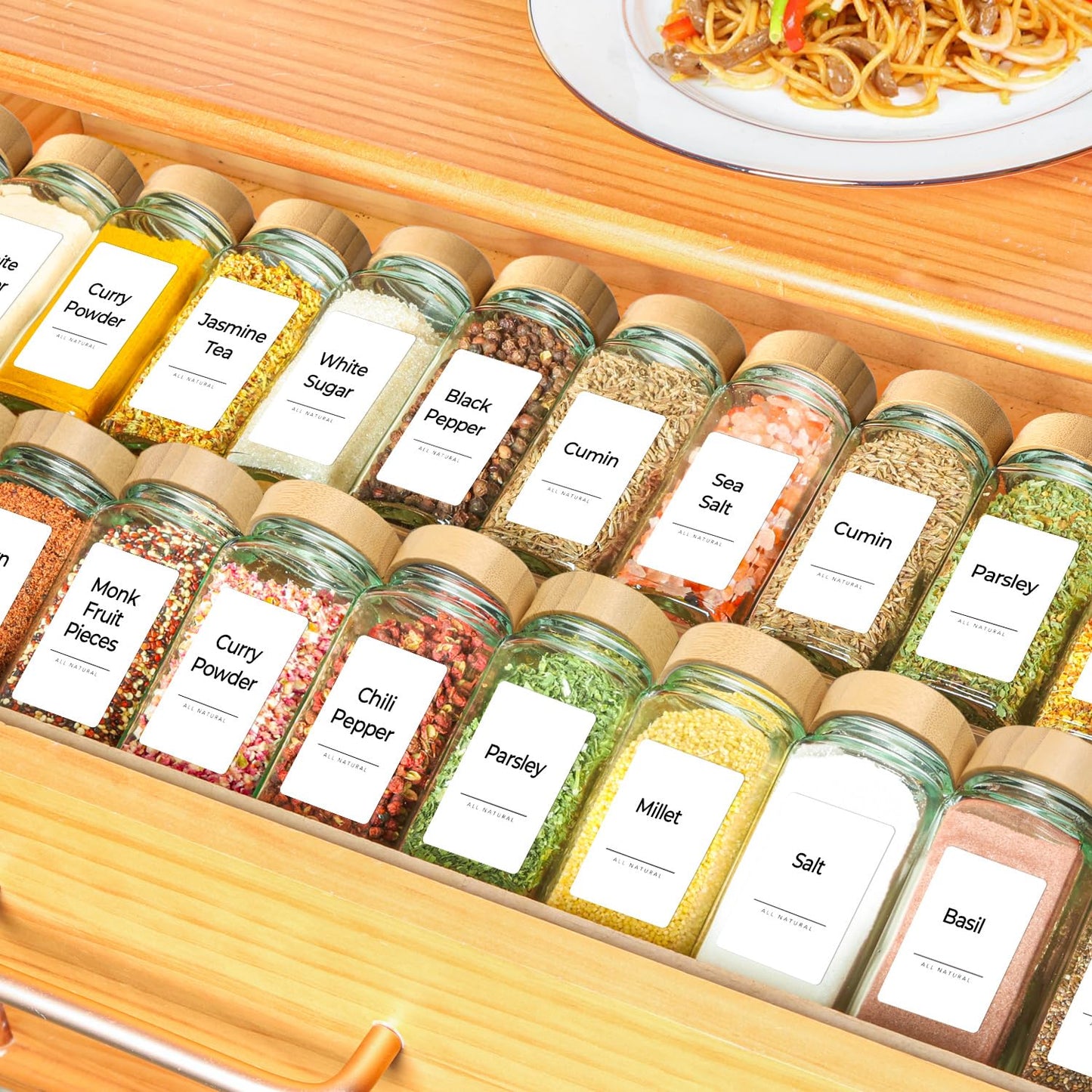 ComSaf 4oz 24Pcs Glass Spice Jars with Bamboo Lids, Empty Spice Containers with 93 Labels, Square Seasoning Containers Trial and Supplement Set, Small Seasoning Bottles for Salt, Herbs, Sugar, Pepper - Available at All In One Marketplace Canada