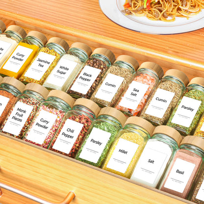 ComSaf 4oz 24Pcs Glass Spice Jars with Bamboo Lids, Empty Spice Containers with 93 Labels, Square Seasoning Containers Trial and Supplement Set, Small Seasoning Bottles for Salt, Herbs, Sugar, Pepper - Available at All In One Marketplace Canada