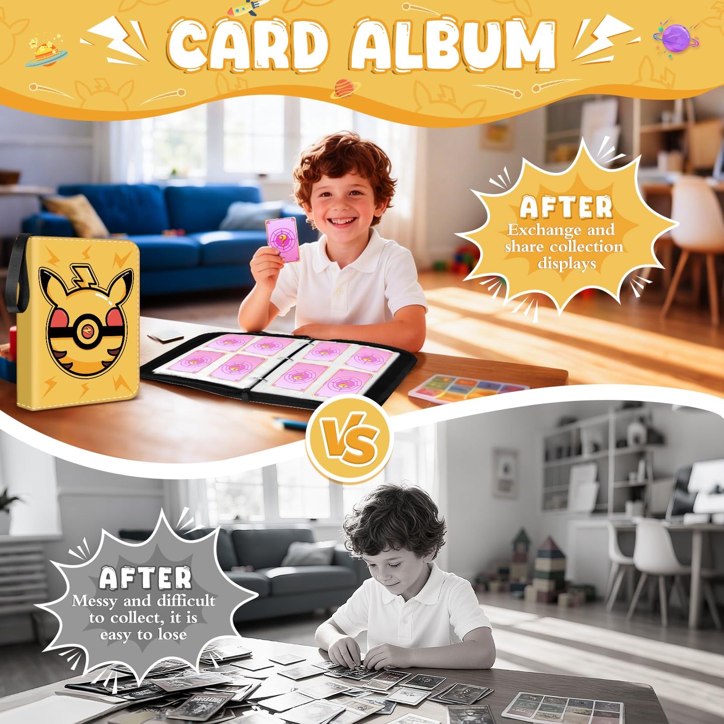Trading Card Binder, 400 Pocket Cards Holder, 50 Double Sided Removable Pages, Portable Cards Album Holder Card Collection Xmas Gifts for Kids Stocking Stuffers, Yellow