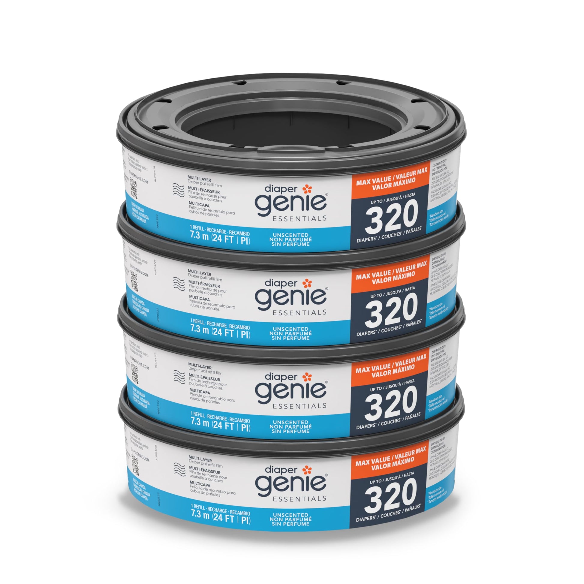 Diaper Genie Essentials Round Refill 4-Pack | Holds Up to 1280 Newborn Diapers | Features Unscented Continuous Film | Compatible with Diaper Genie Complete and Expressions Pails