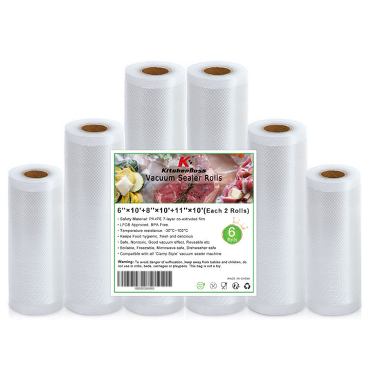 Food Vacuum Sealer Bag Rolls: KitchenBoss 6 Rolls Food Saver Bags,6 8 11 inch Sous Vide Bags Rolls with BPA Free, Commercial Grade Vac seal Bags for All Vacuum Sealer - Available at All In One Marketplace Canada