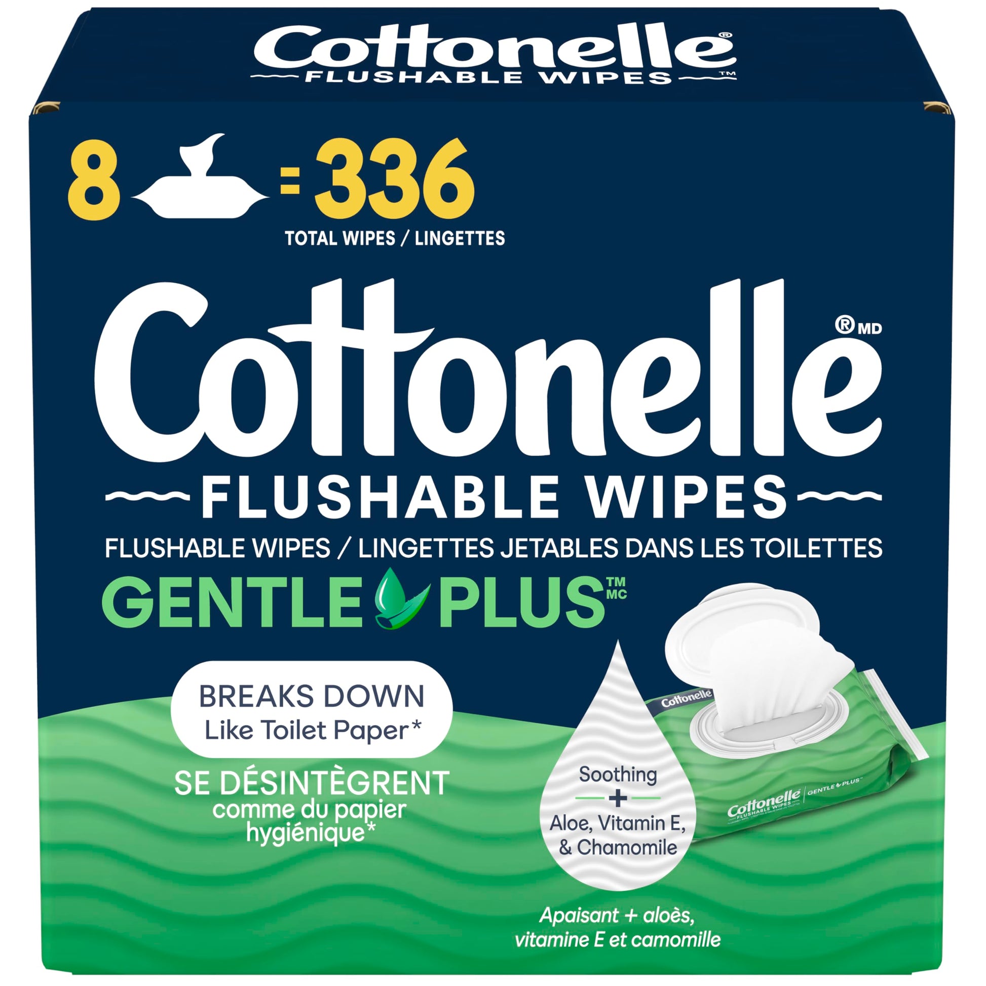 Cottonelle GentlePlus Flushable Wet Wipes with Aloe & Vitamin E, Adult Wet Wipes, 8 Flip-Top Packs, 42 Wipes per Pack (336 Total Flushable Wipes)