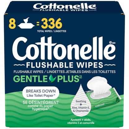 Cottonelle GentlePlus Flushable Wet Wipes with Aloe & Vitamin E, Adult Wet Wipes, 8 Flip-Top Packs, 42 Wipes per Pack (336 Total Flushable Wipes)