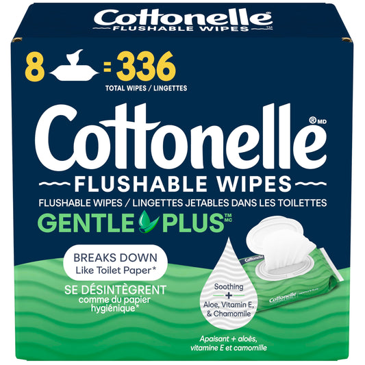 Cottonelle GentlePlus Flushable Wet Wipes with Aloe & Vitamin E, Adult Wet Wipes, 8 Flip-Top Packs, 42 Wipes per Pack (336 Total Flushable Wipes)