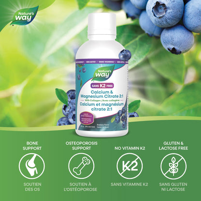 Nature's Way Calcium and Magnesium Citrate 2:1 - Liquid Supplement with Vitamin D3 and Collagen – Helps Support the Maintenance of Bones and Teeth – No Vitamin K2 - Blueberry Flavour, 500 mL