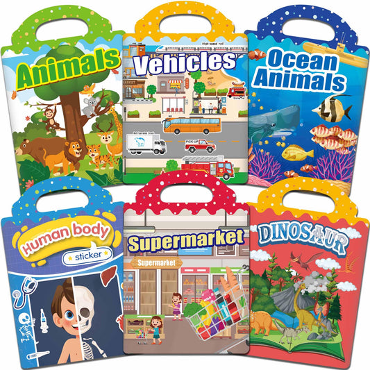 iGetooy Reusable Sticker Book, 6 Sets Sticker Book for Kids, Jelly Stickers for Kids, Vehicles, Animals, Ocean, Dinosaurs, Supermarket, Human Body - Available at All In One Marketplace Canada