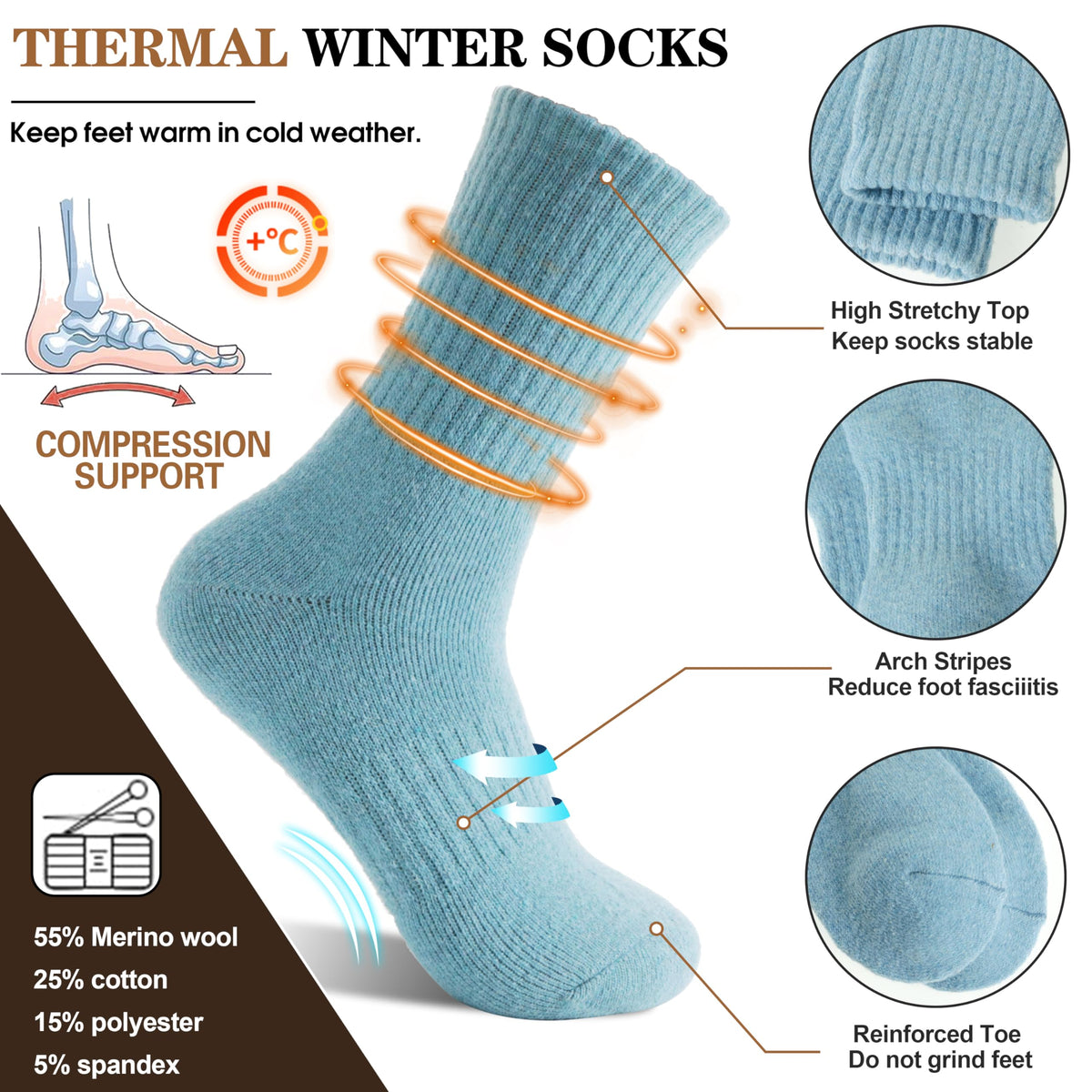 MOGGEI Womens Merino Wool Socks for Hiking Thermal Warm Thick Winter Cozy Crew Cabin Ladies Comfy Work Gift Boot Socks 5 Pairs(Colorful) 🍁 All In One Marketplace Canada