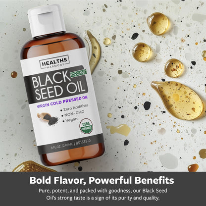 Organic Black Seed Oil | Cold Pressed Pure Black Cumin Seed Oil | Antioxidant, Blood Sugar & Liver Support | 100% Pure, Virgin Nigella Sativa | Zero Additives, Vegan & Non-GMO | 240ml (8 oz.) - Available at All In One Marketplace Canada