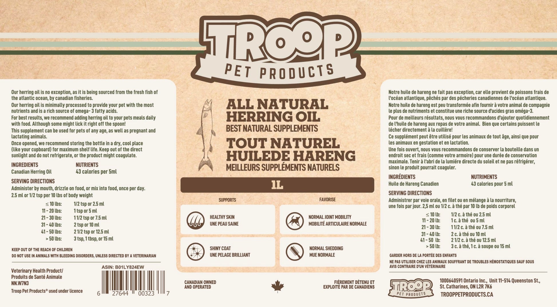 Troop Pet Products, Canadian Herring Oil, Natural Omega 3 Supplement for Improved Stamina, Immune System, Decreased Shedding, (1000ml) Troop Pet Products