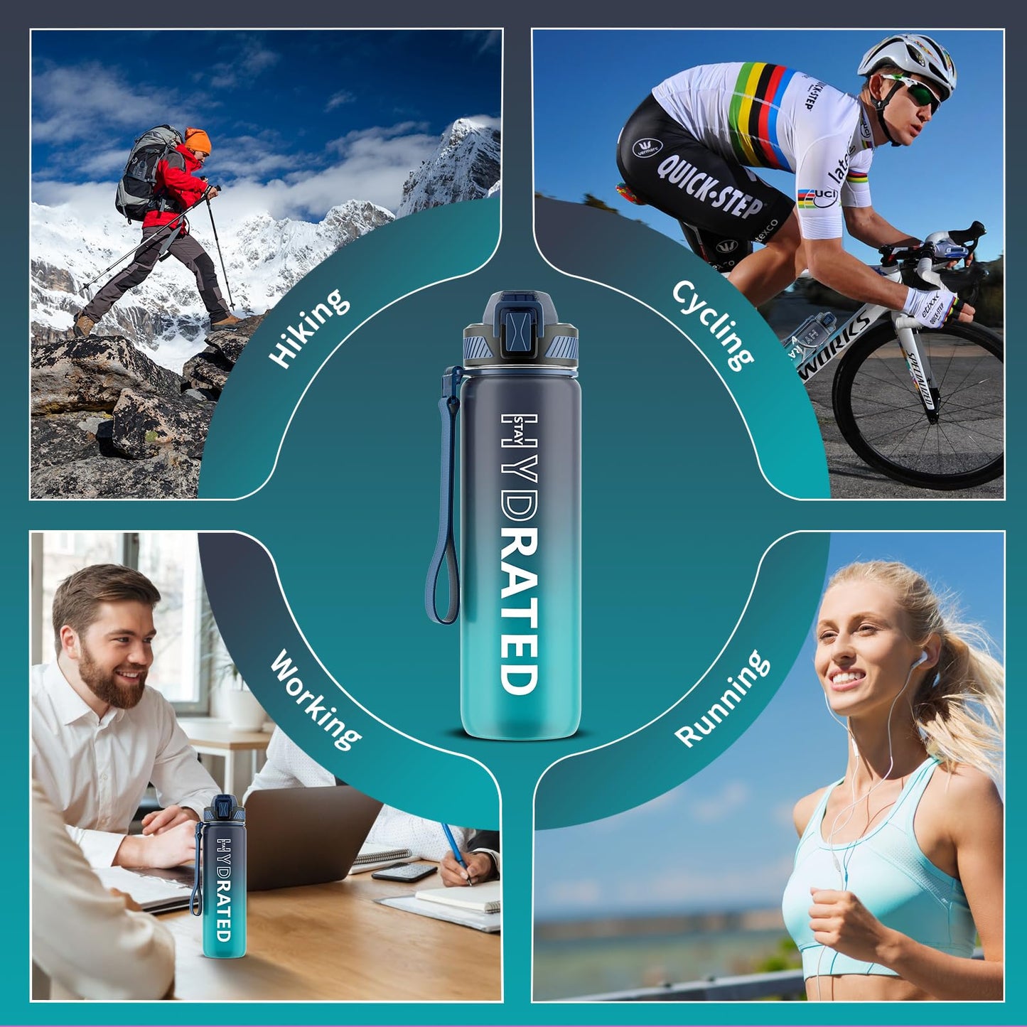 QLUR Water Bottle with Straw, 32oz Sports Motivational Water Bottle with Time Markings to Drink & Carry Strap & Clean Brush, 1L, Tritan, BPA Free, LeakProof for Women Men Gym Fitness Outdoor (1 Pack)