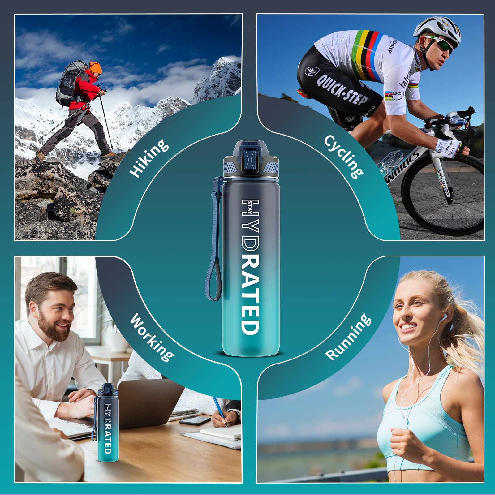 QLUR Water Bottle with Straw, 32oz Sports Motivational Water Bottle with Time Markings to Drink & Carry Strap & Clean Brush, 1L, Tritan, BPA Free, LeakProof for Women Men Gym Fitness Outdoor (1 Pack)