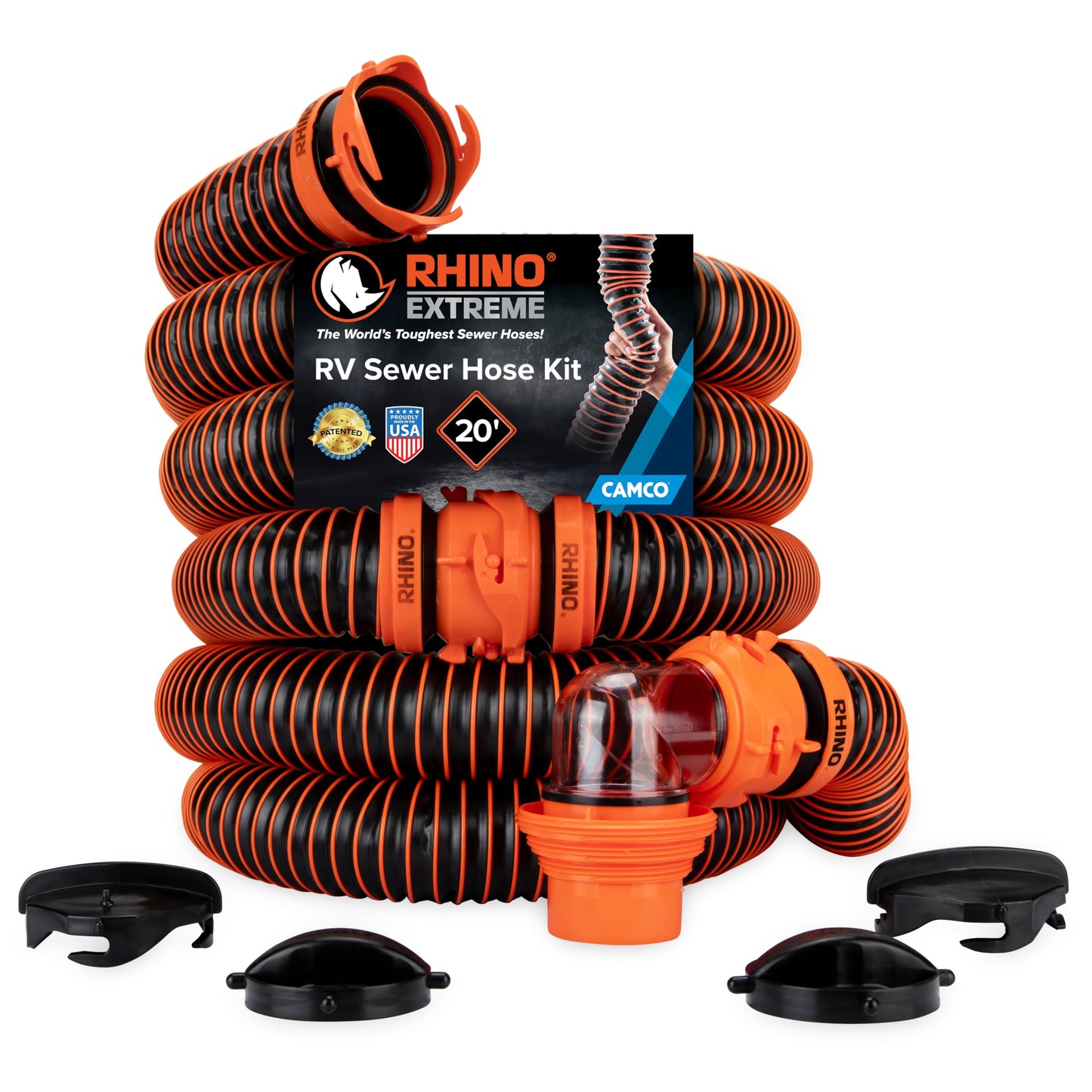 Camco 21012 RhinoEXTREME 20ft RV Sewer Hose Kit | Includes Swivel Fitting and Translucent Elbow with 4-in-1 Dump Station Fitting | Storage Caps Included Camco