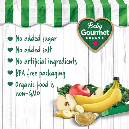 Baby Gourmet Banana Apple Kale Purée, 12 × 128 mL Pouches | 6 Months+ | Organic Baby Food | No Added Sugar or Salt | Made in Canada Baby Gourmet
