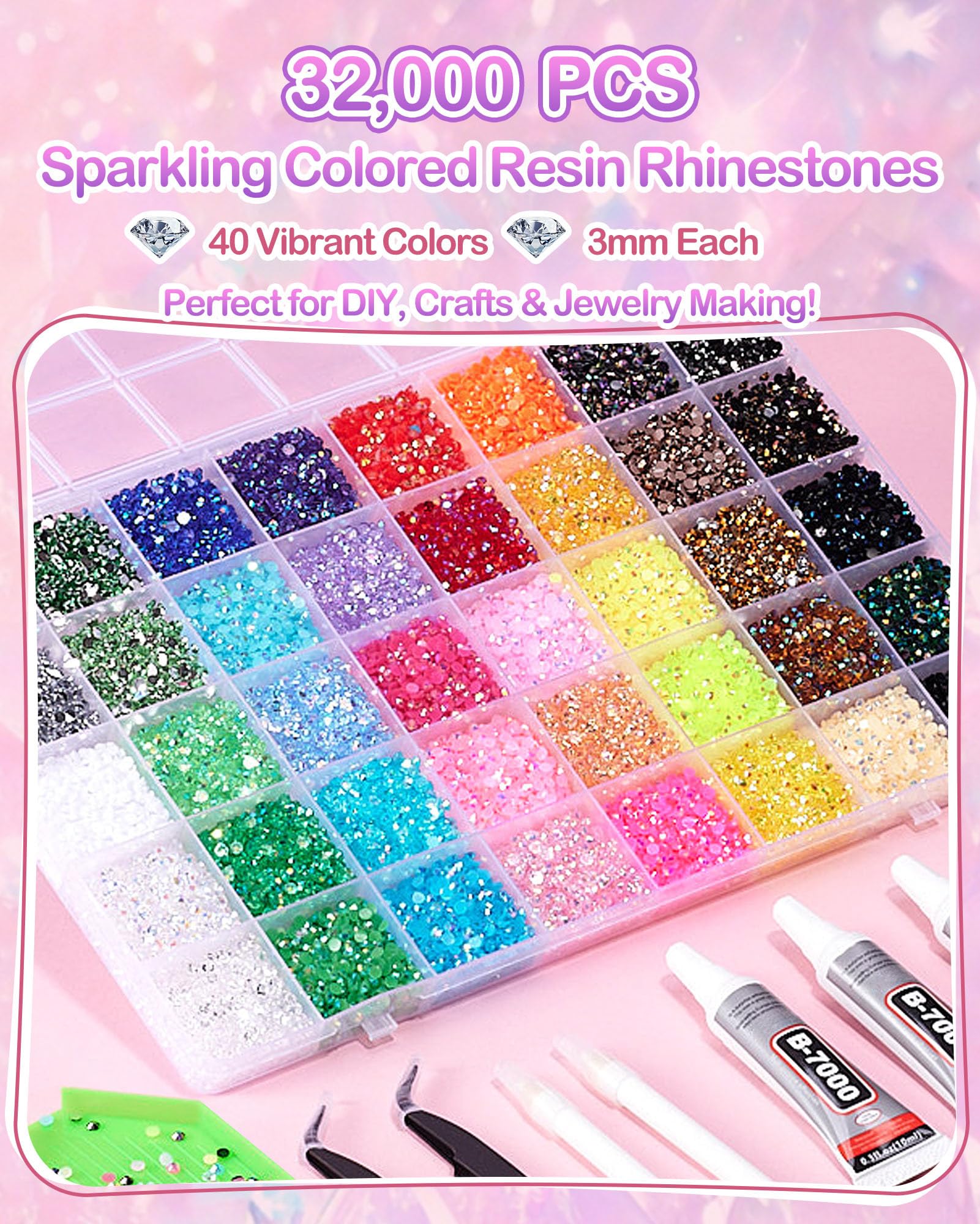 62,000pcs/64-Cells Bedazzling Kit, with 32,000pcs 3mm Nail Rhinestones in 40Colors for Bedazzling & 30,000pcs Clear Flatback Nail gems,6 Bottles B7000 Jewelry Glue, 2 Tweezers & 2 Dotting Pens - Available at All In One Marketplace Canada
