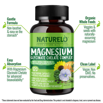 NATURELO Magnesium Glycinate Chelate Complex - 200 mg Magnesium, 120 Capsules, Support Sleep, Calm, Muscle Cramp & Stress Relief, Gluten Free, Non GMO, with Organic Vegetables - Available at All In One Marketplace Canada