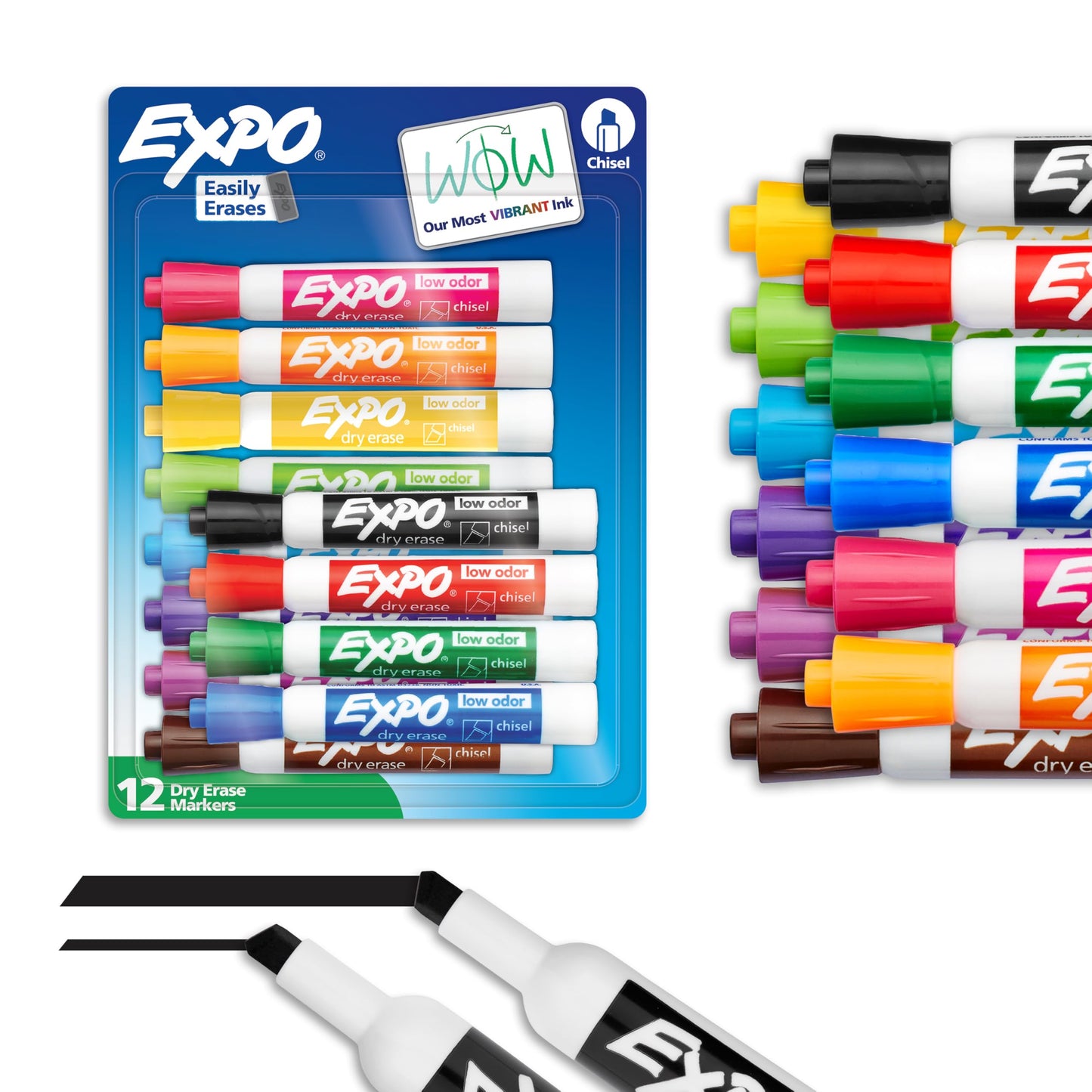 EXPO Dry Erase Markers, Low Odour Ink, Assorted Colours, Chisel Tip, 12 Count