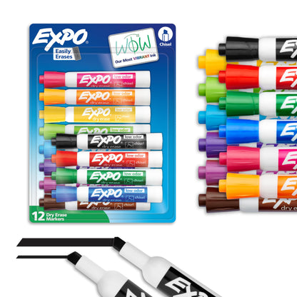 EXPO Dry Erase Markers, Low Odour Ink, Assorted Colours, Chisel Tip, 12 Count