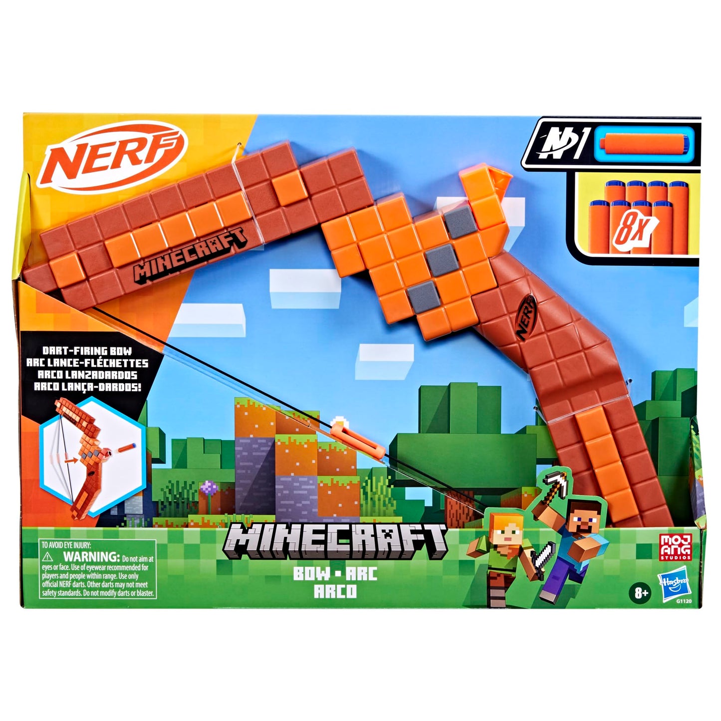 Nerf Minecraft Bow Dart Blaster, Pull-Back String Priming, 8 Nerf N1 Darts Compatible Only with Nerf N1 Dart Blasters, Ages 8+ Nerf