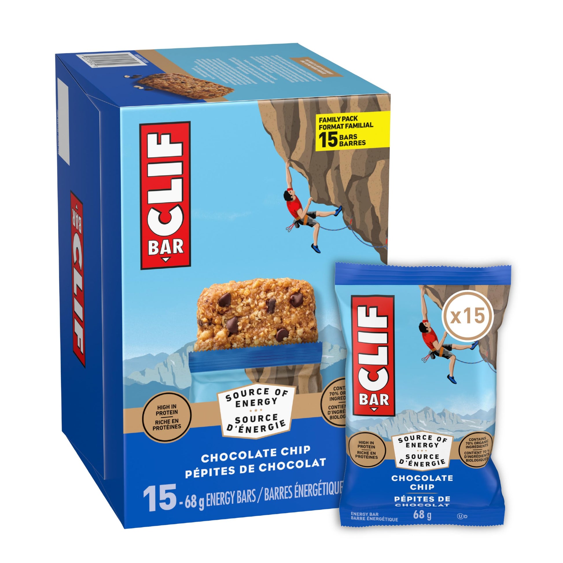 CLIF BAR Chocolate Chip Energy Bars - High Protein, 70% Organic, 15-Count Pack (1.02 kg)