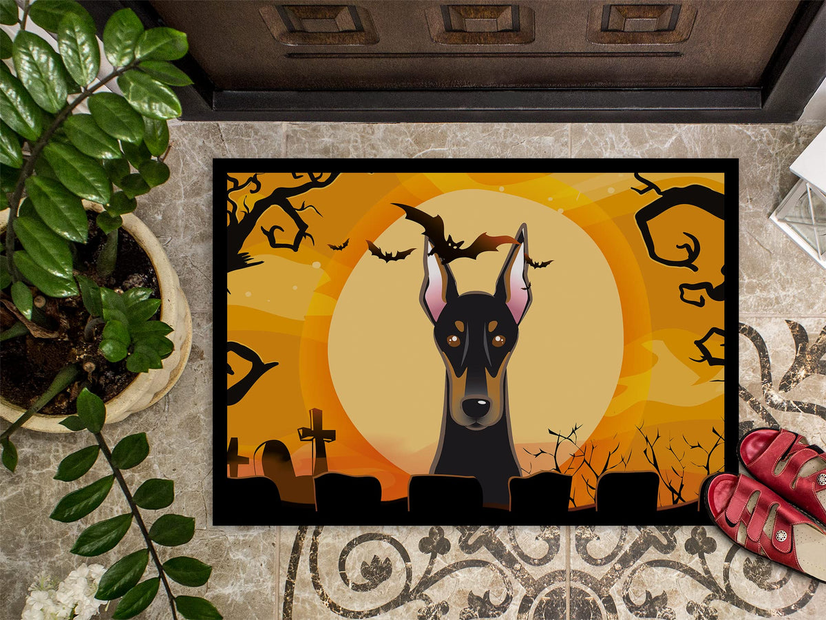 Paillasson Caroline's Treasures BB1803MAT Doberman d'Halloween 18x27, tapis d'entrée pour porte avant, intérieur/extérieur, antidérapant, lavable, poil ras, 18H X 27L