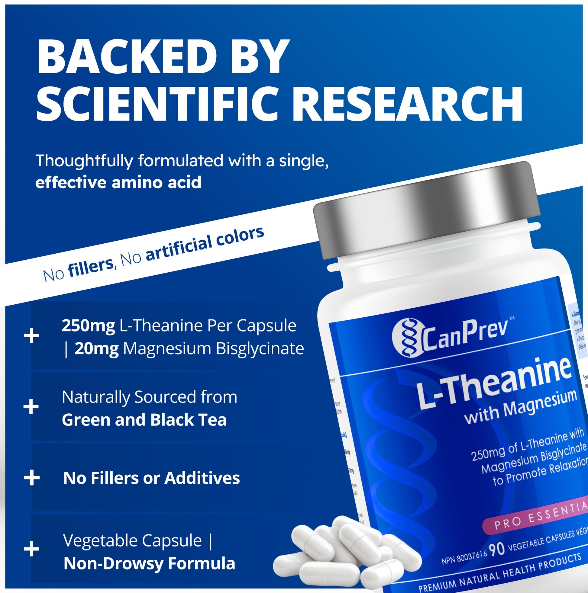 CanPrev L-Theanine with Magnesium, 90 Capsules 90-Day Supply - Promote Relaxation and Calmness - Without Drowsiness - Synergistic Blend for Well-being Management - Vegan, Non-GMO and Gluten-Free - Available at All In One Marketplace Canada