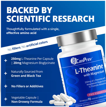 CanPrev L-Theanine with Magnesium, 90 Capsules 90-Day Supply - Promote Relaxation and Calmness - Without Drowsiness - Synergistic Blend for Well-being Management - Vegan, Non-GMO and Gluten-Free - Available at All In One Marketplace Canada