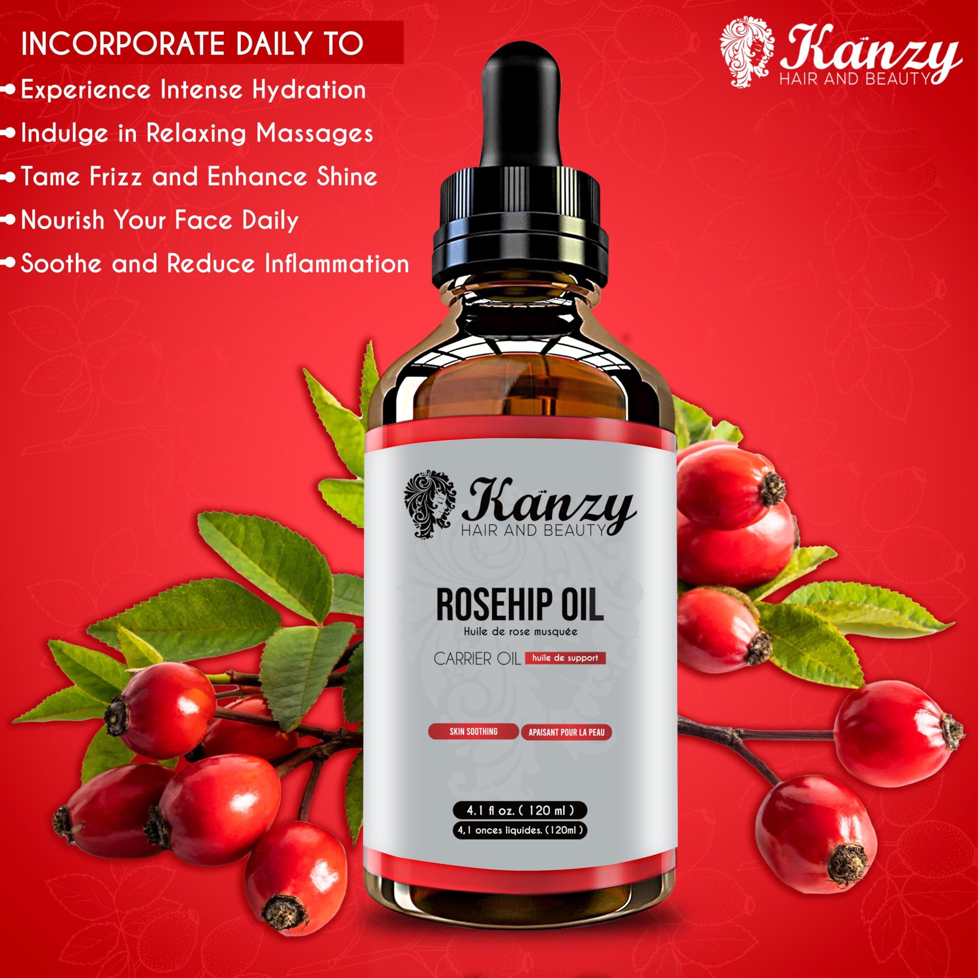 Kanzy Rosehip Oil for Face 120ml - Cold-Pressed Rosehip Oil for Skin, Hair, Nails & Body | Vegan & Cruelty-Free Moisturizing Oil for Daily Use - Available at All In One Marketplace Canada