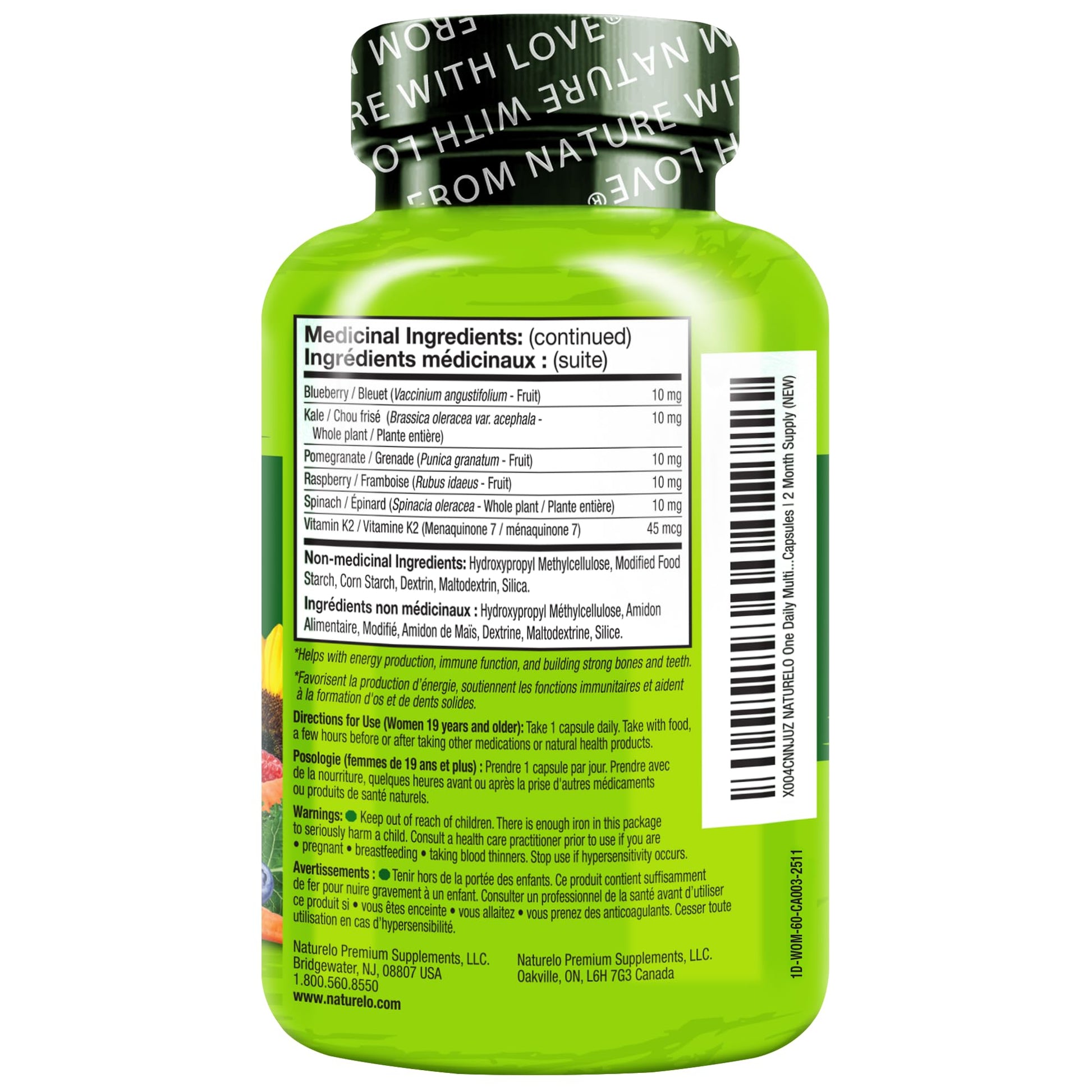 NATURELO One Daily Multivitamin for Women w/Vitamin B12, 60 Ct, Energy Support, Whole Food Daily Women Multivitamin Supplement, Nourish Hair/Skin/Nail, Non-GMO, No Soy, Gluten Free, 2 Month Supply - Available at All In One Marketplace Canada