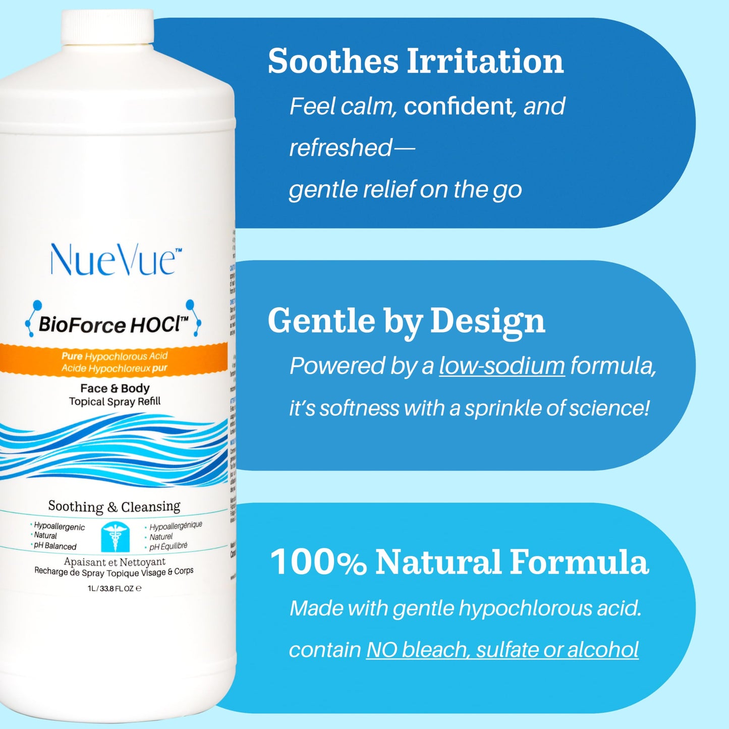 BioForce 1 Liter Hypochlorous Acid Spray Refill For Face & body - Acne-Prone Skin & Eczema, Piercing aftercare, Tattoo Aftercare, Made in Canada, All-in-One Gentle facial Cleanser & Toner, pH Balanced, Hypoallergenic & Non-comedogenic by NueVue (33.8 fl o - Available at All In One Marketplace Canada