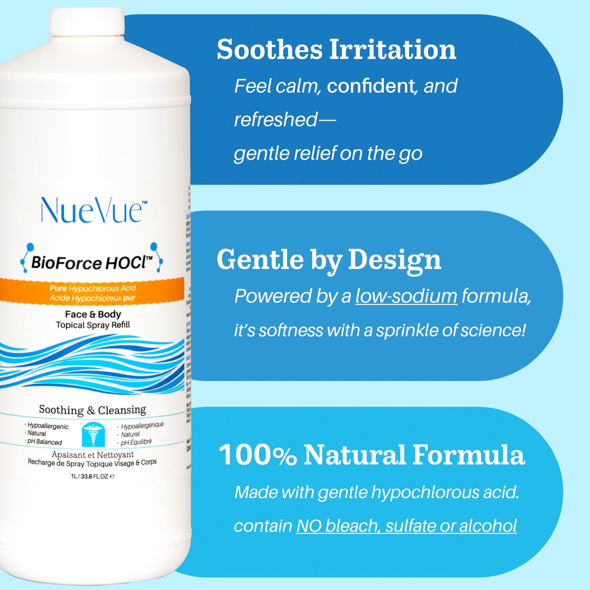BioForce 1 Liter Hypochlorous Acid Spray Refill For Face & body - Acne-Prone Skin & Eczema, Piercing aftercare, Tattoo Aftercare, Made in Canada, All-in-One Gentle facial Cleanser & Toner, pH Balanced, Hypoallergenic & Non-comedogenic by NueVue (33.8 fl o - Available at All In One Marketplace Canada