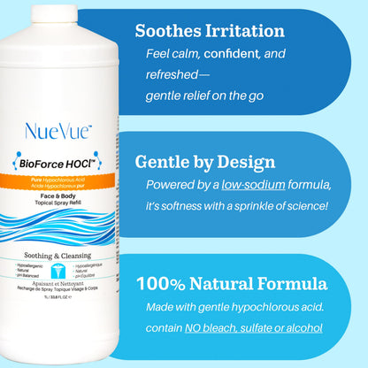 BioForce 1 Liter Hypochlorous Acid Spray Refill For Face & body - Acne-Prone Skin & Eczema, Piercing aftercare, Tattoo Aftercare, Made in Canada, All-in-One Gentle facial Cleanser & Toner, pH Balanced, Hypoallergenic & Non-comedogenic by NueVue (33.8 fl o - Available at All In One Marketplace Canada