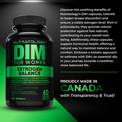 Nutratology® DIM Supplement For Women | Canadian-Made | Promotes Estrogen Balance & Metabolism - 200MG Per Capsule - Estrogen Supplements For Women | W/Black Pepper For Enhanced Absorption - 60 Caps - Available at All In One Marketplace Canada