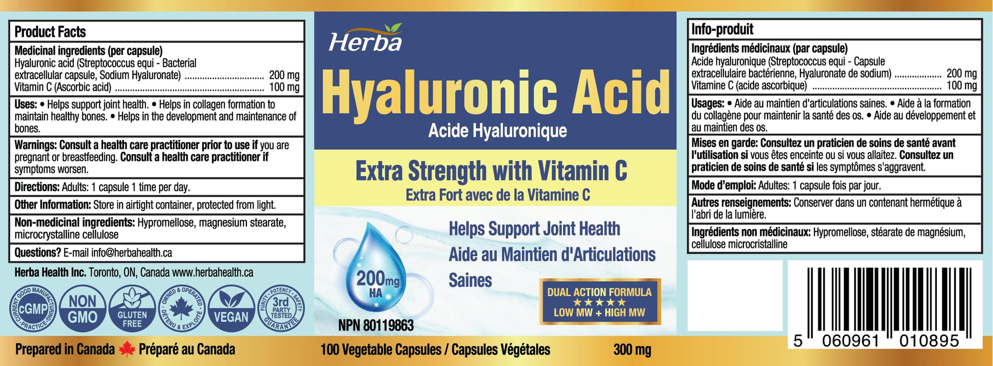 Herba Hyaluronic Acid Supplement 200mg - 100 Capsules | 100% Purity Hyaluronic Acid Capsules with Vitamin C to Support Joint and Bone Health | Made in Canada - Available at All In One Marketplace Canada