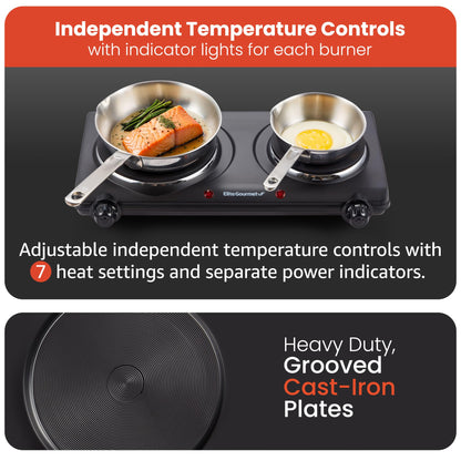 Elite Gourmet EDB-302BF# Countertop Double Cast Iron Burner, 1500 Watts Electric Hot Plate, Temperature Controls, Power Indicator Lights, Easy to Clean, Black - Available at All In One Marketplace Canada