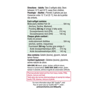 Jamieson Omega-3 Mini Softgels, No Fishy Aftertaste, Improves Heart Health, and Supports Brain Health. With 210 mg EPA and 140 mg DHA, No Burpback, Easy to Swallow, Gluten-Free, Non-GMO, 200 Count - Available at All In One Marketplace Canada