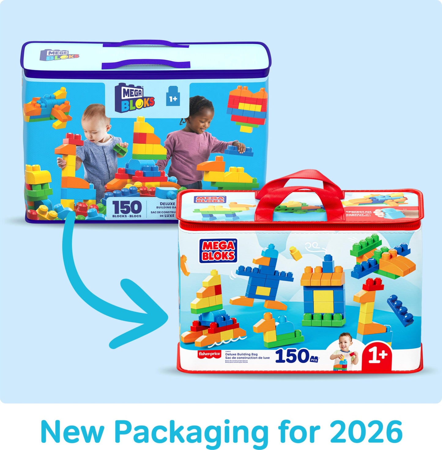 MEGA BLOKS First Builders Toddler Blocks Toys Set, Deluxe Building Bag with 150 Pieces and Storage, Blue, Ages 1+ Years