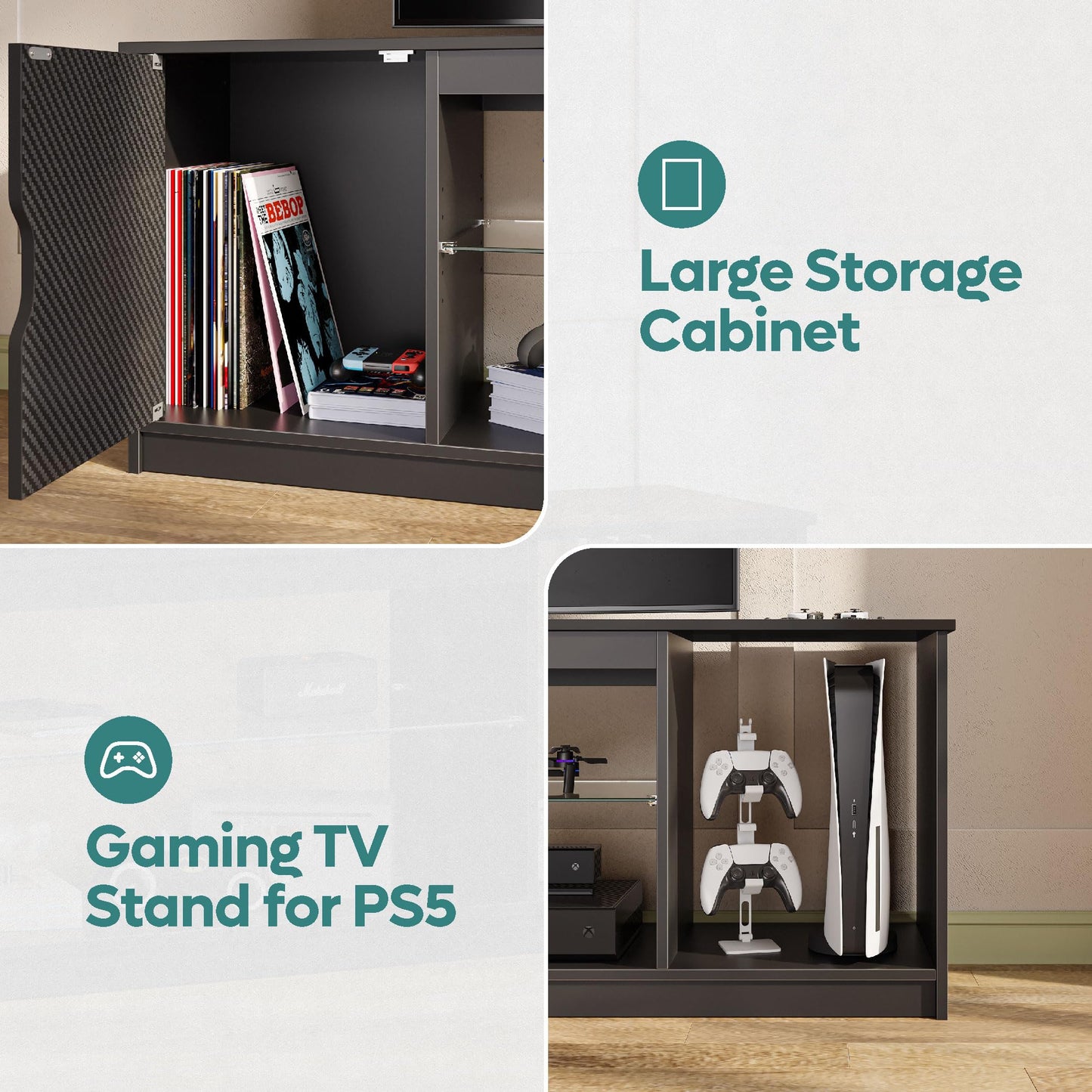 Bestier 57 inch TV Stand for 65 Inch TV, Black Entertainment Center Bestier