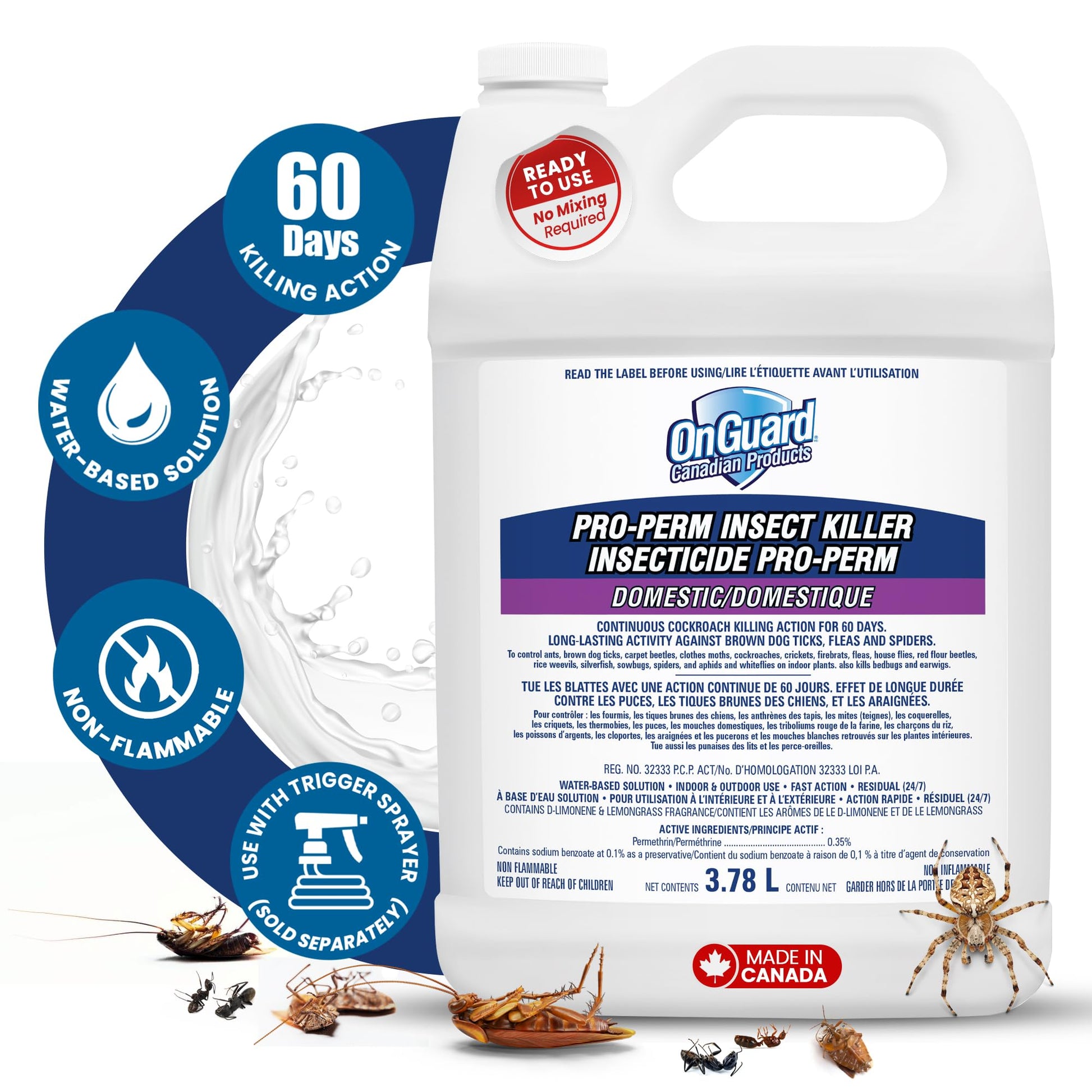 OnGuard Pro-Perm Insect Killer 3.78L | Bed Bug Spray | Fast Action, Residual (24/7), Non-Flammable, Water-Based Solution | 0.35% Permethrin | Ants, Bedbugs, Spiders, Cockroaches, Ticks, Fleas