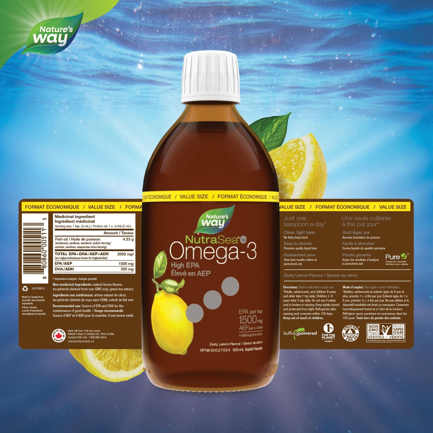 Nature's Way NutraSea HP Omega 3 High EPA Fish Oil Liquid Supplement for Adults and Kids Ages 1+ – Zesty Lemon Flavour – Heart & Brain Support – 1500mg EPA, 500 mL Value Size Nature's Way
