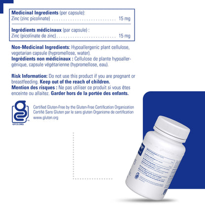 Pure Encapsulations Zinc 15 mg - Zinc Picolinate Supplement for Immune System Support - For Wound Healing - With Premium Zinc Picolinate - 180 Capsules - Available at All In One Marketplace Canada