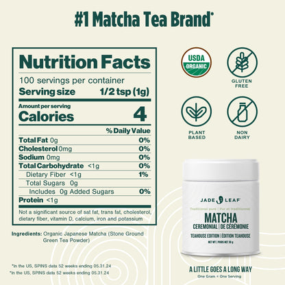 Jade Leaf Organic Ceremonial Grade Matcha Green Tea Powder - Pure Japanese First Harvest 30g Tin