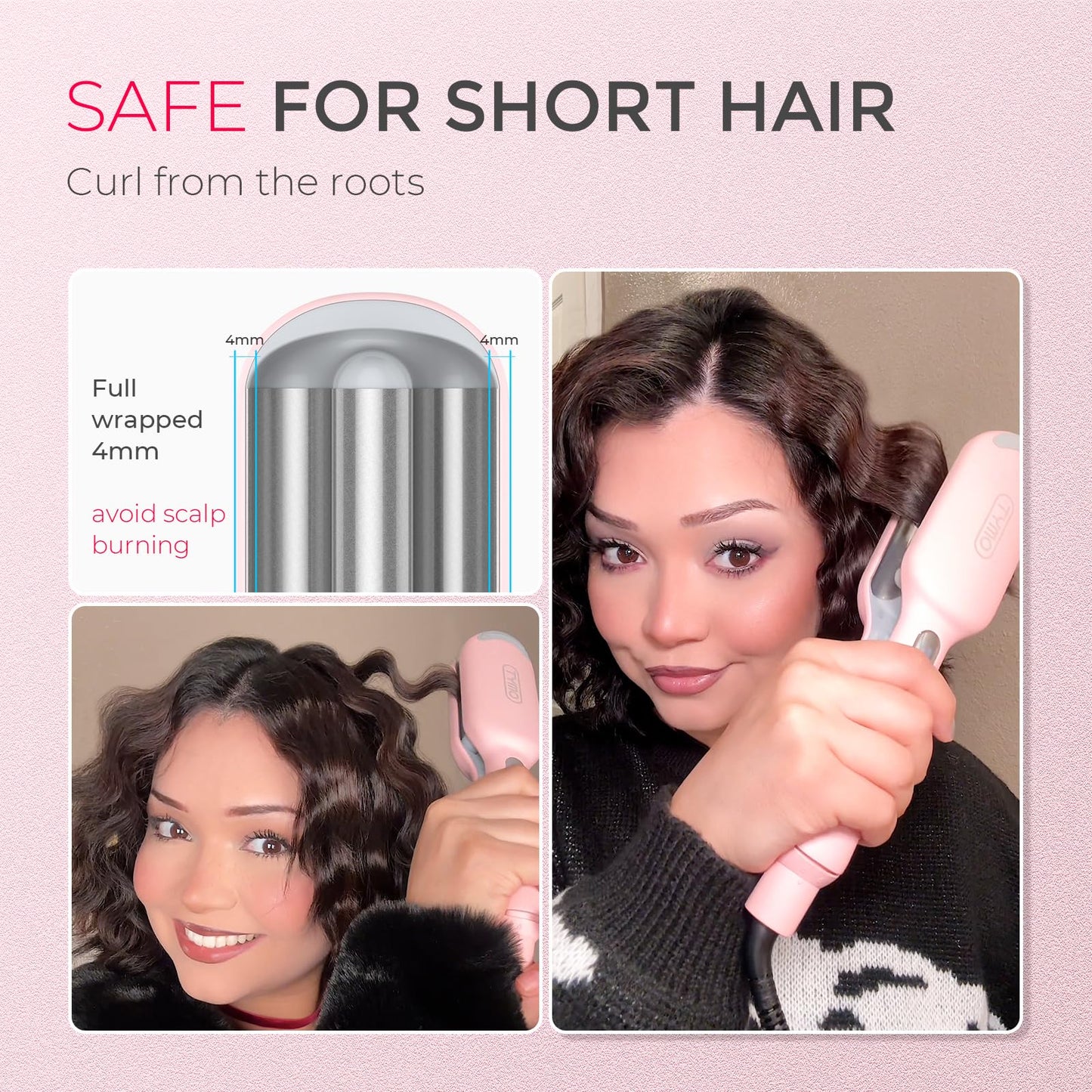 TYMO ROVY Hair Waver Curling Iron, 3-Barrel Ionic Hair Curler with 9 Heat Settings, Beach Waves Crimper for Women, Travel-Friendly, Anti-Scald, Fast Heating, Easy to Use, Pink, 1 inch - Available at All In One Marketplace Canada