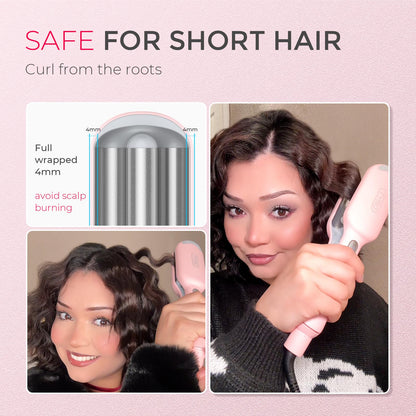TYMO ROVY Hair Waver Curling Iron, 3-Barrel Ionic Hair Curler with 9 Heat Settings, Beach Waves Crimper for Women, Travel-Friendly, Anti-Scald, Fast Heating, Easy to Use, Pink, 1 inch - Available at All In One Marketplace Canada