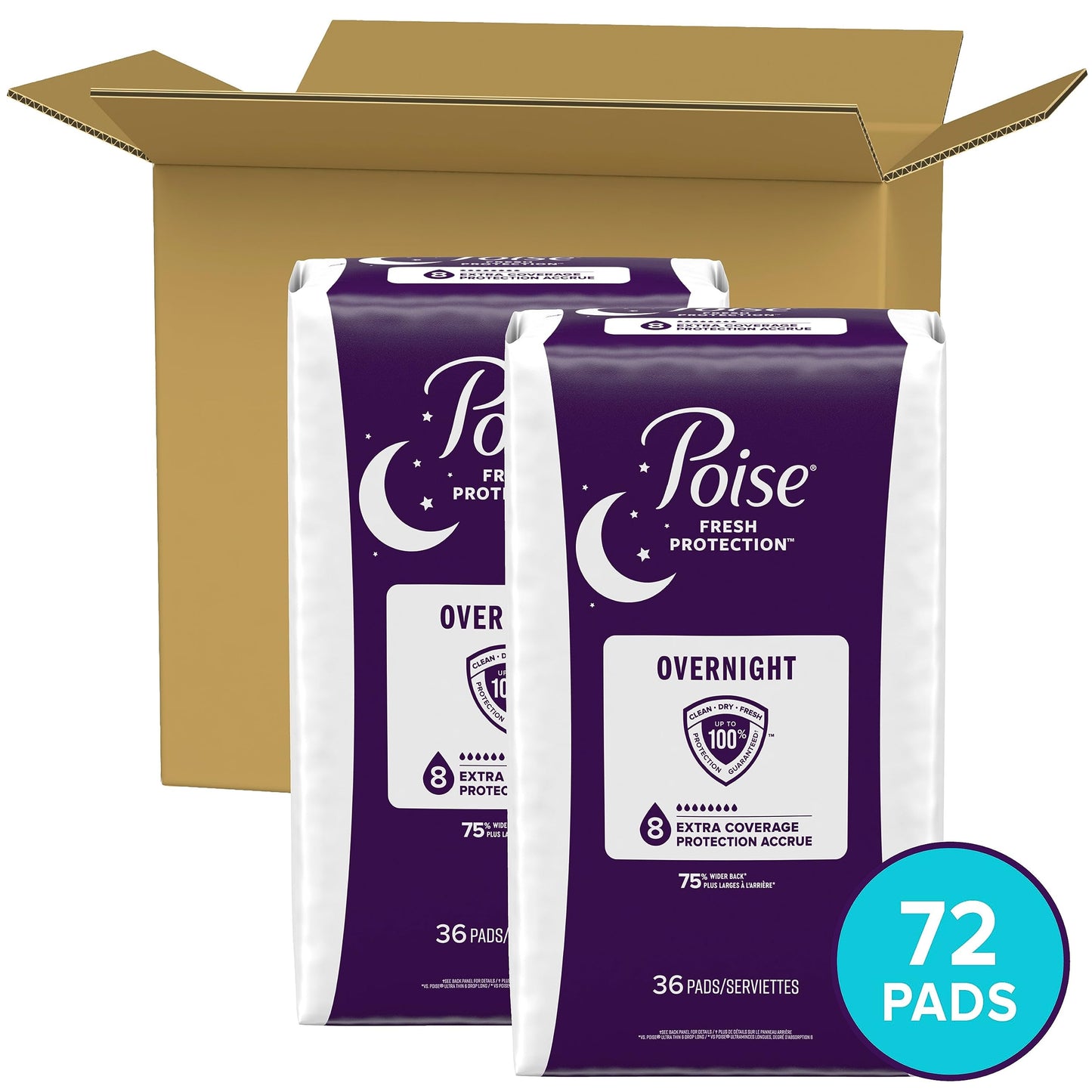 Poise Overnight Postpartum Incontinence Pads, Ultimate Absorbency, 72 Count (2 Packs of 36)