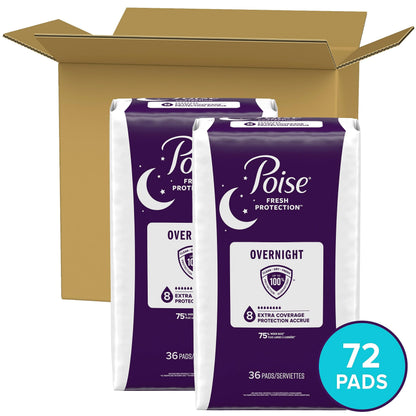 Poise Overnight Postpartum Incontinence Pads, Ultimate Absorbency, 72 Count (2 Packs of 36)