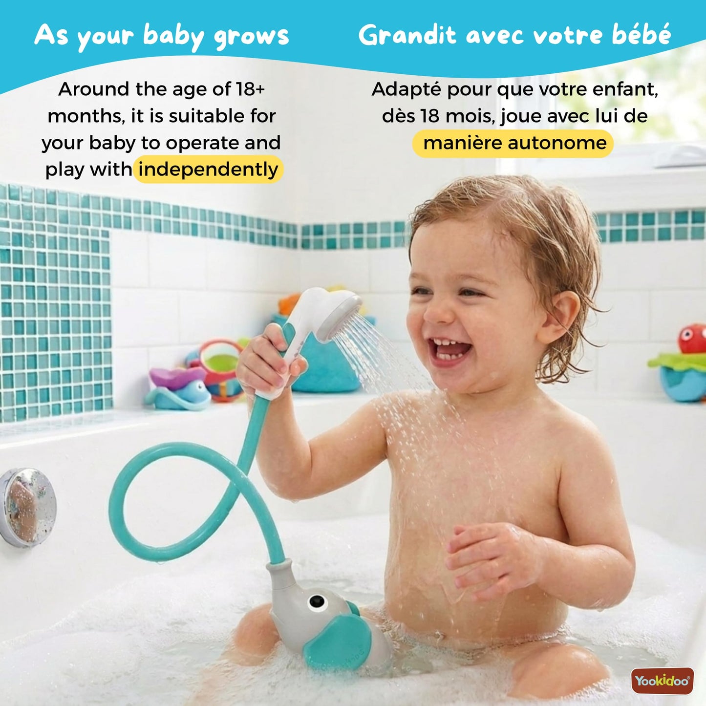 Yookidoo - Elephant Baby Bath Shower Head - Compact & Portable Baby Shower and Toy - Suitable for Newborns, Infants, and Toddlers - from Birth - Teal - 40212 - Available at All In One Marketplace Canada