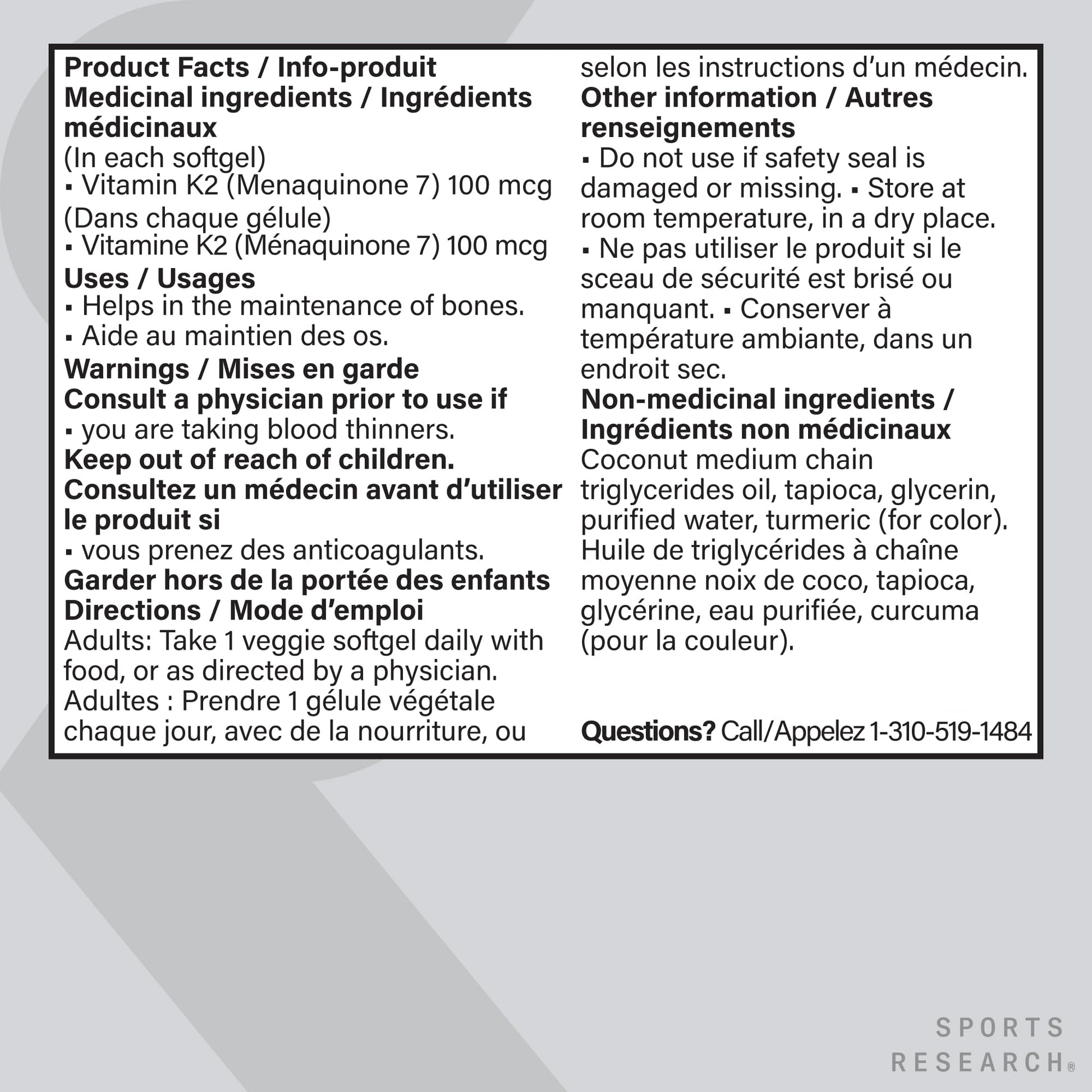 Sports Research® Vitamin K2 MK-7 100mcg with Coconut MCT Oil, 60 Vegan Softgels (2 Month Supply), Vegan Certified, Non-GMO Verified, Gluten & Soy Free Supplement